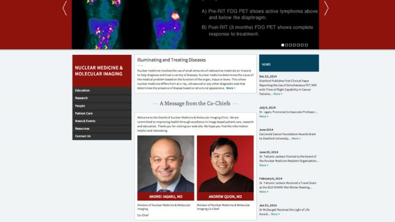 Screen shot of the Stanford Nuclear Medicine and Molecular Imaging website