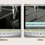 Before/after screen shots of an animation of how magneto-nano protein chips can be spotted in a high through-put fashion